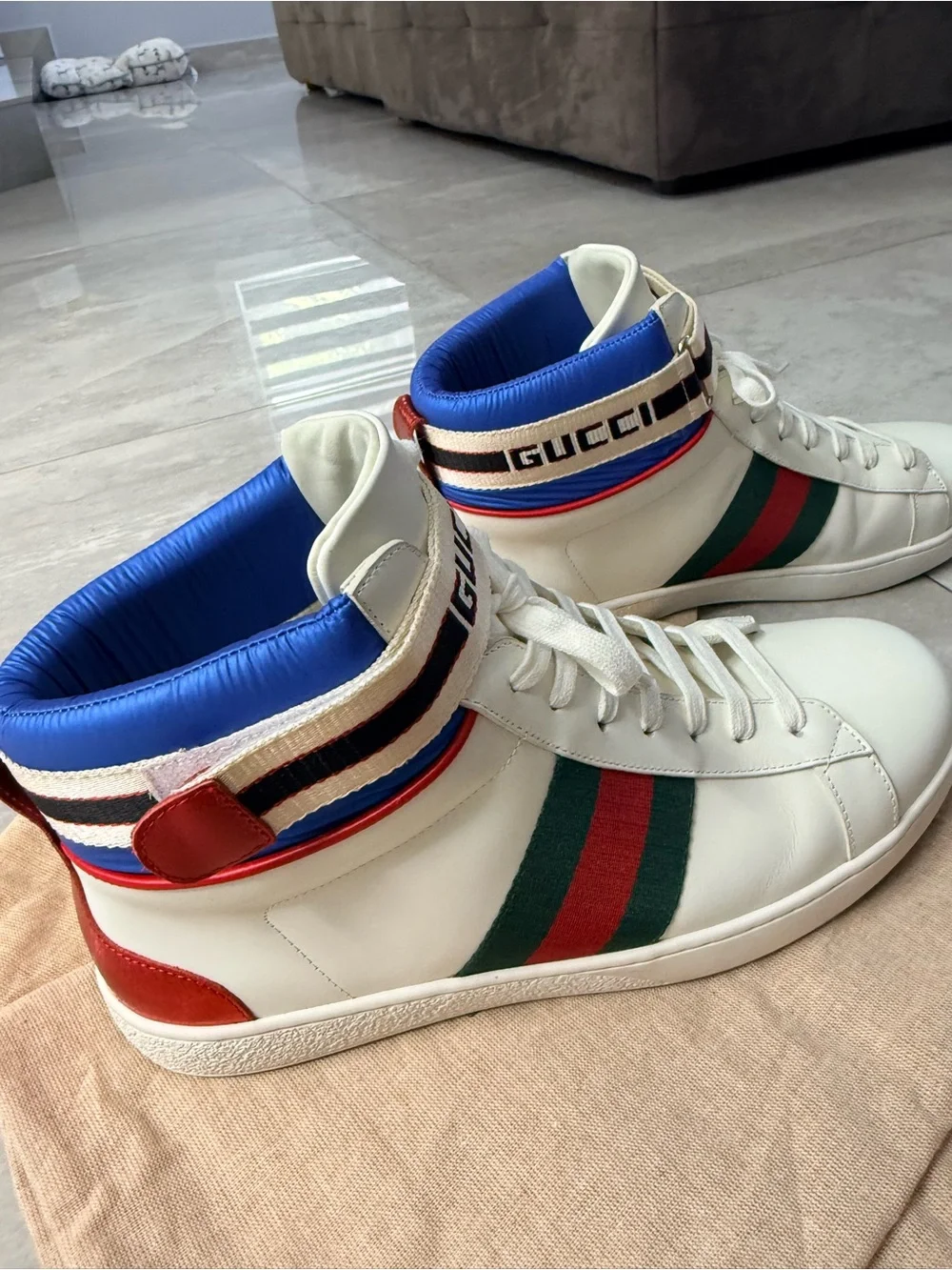 Gucci White High-Top Leather Sneakers with Green and Red Web Stripe